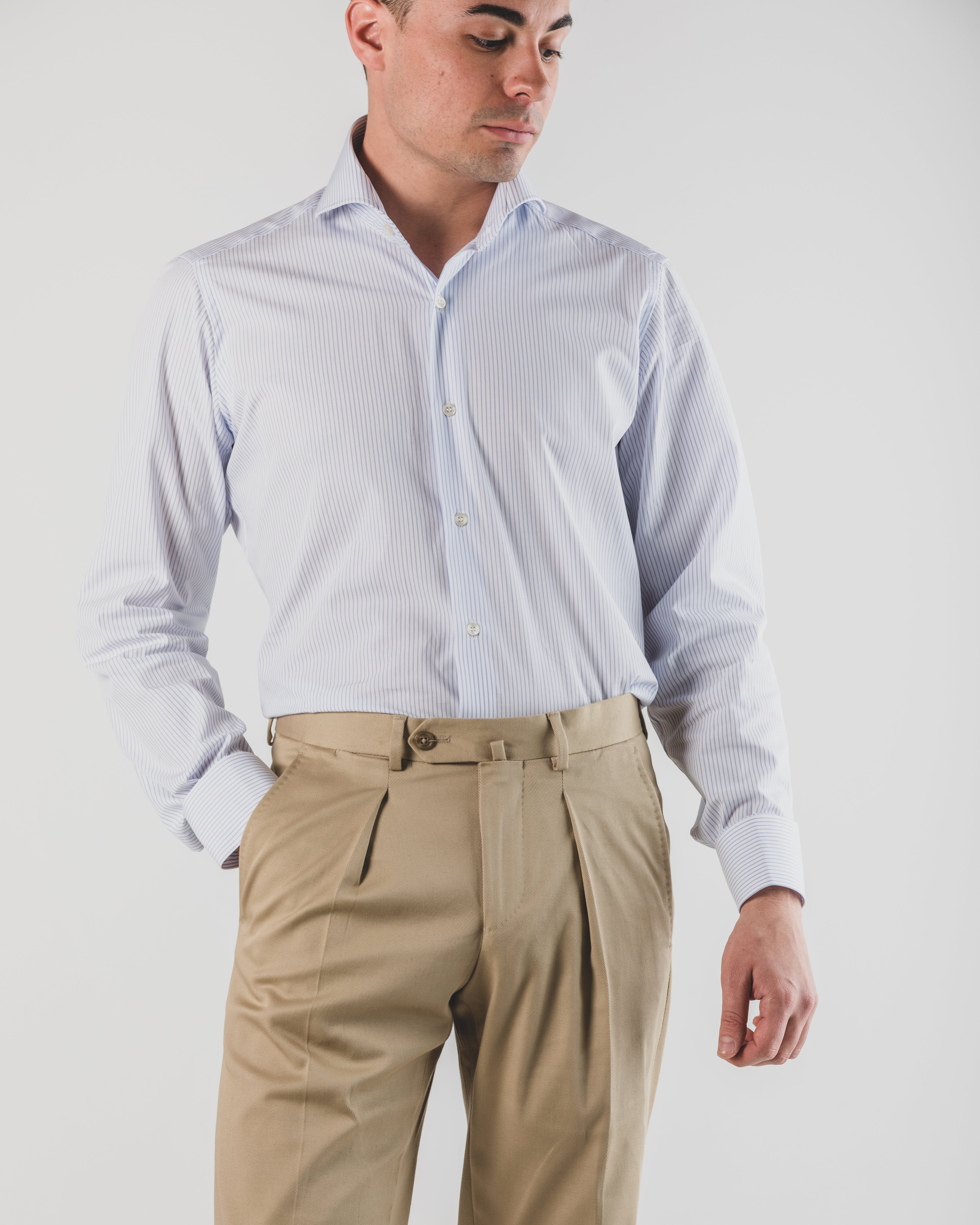 Light Blue Striped Shirt with Cut-Out Collar