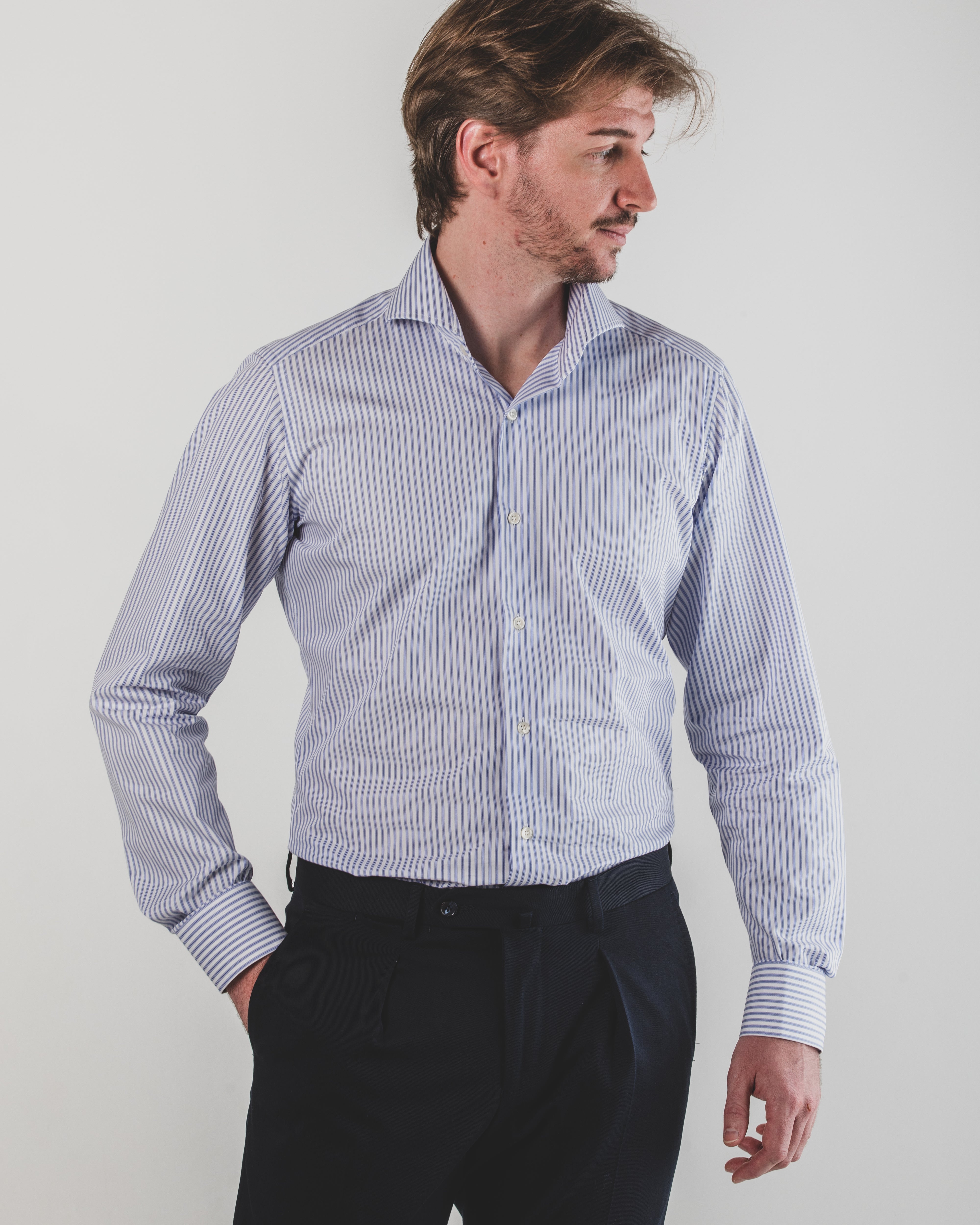 Light Blue Striped Shirt with Cut-Out Collar