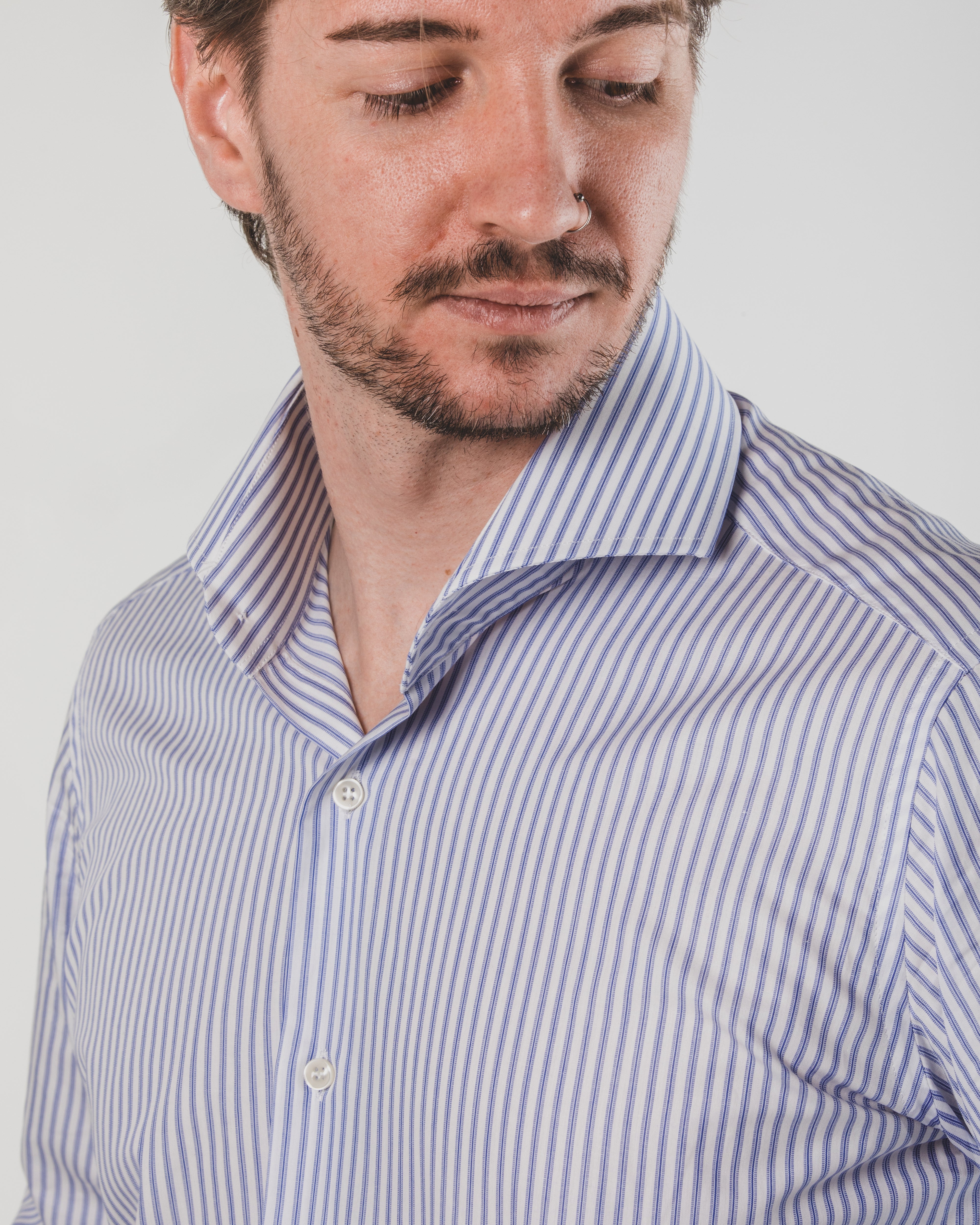 Light Blue Striped Shirt with Cut-Out Collar