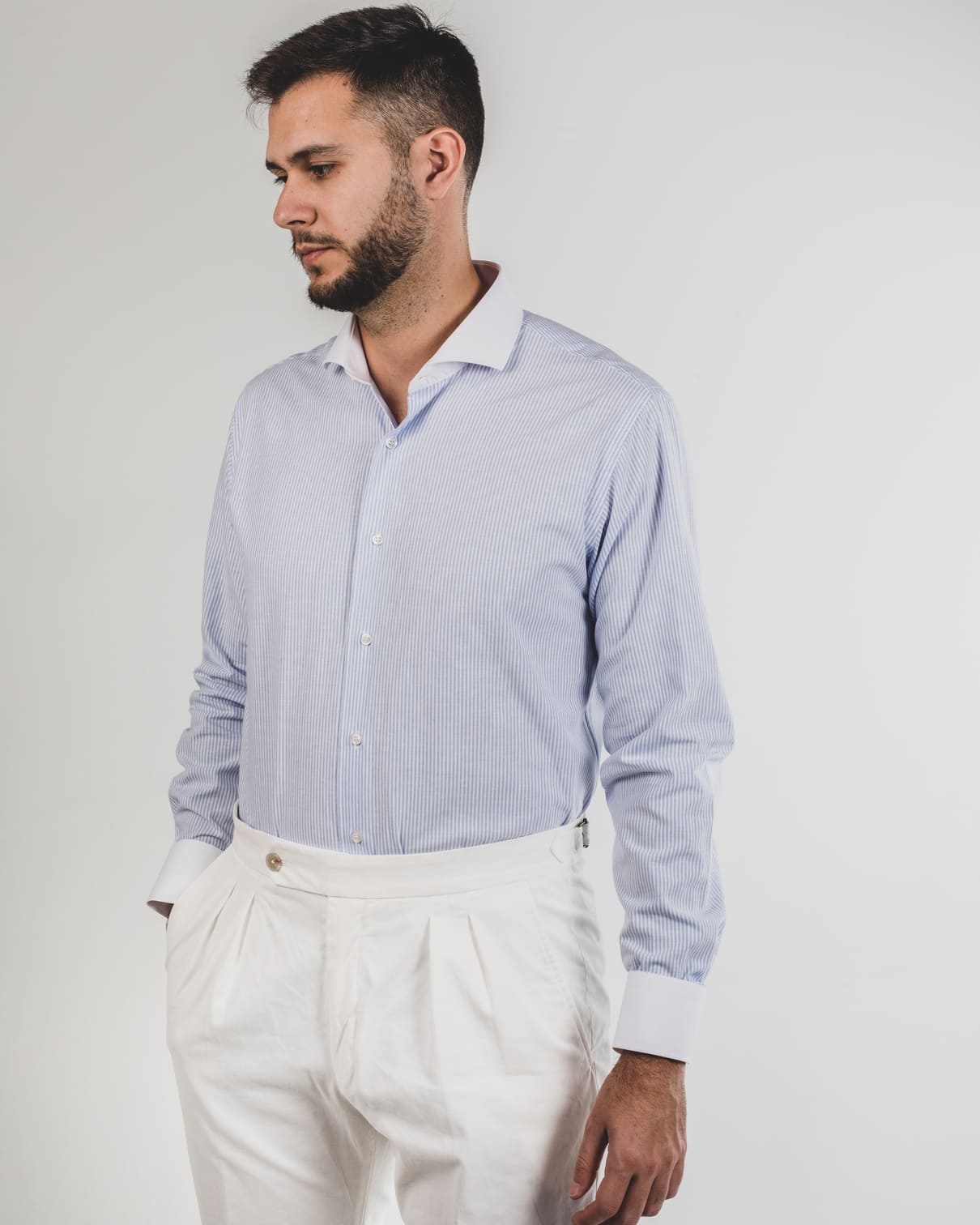 Light Blue Striped Shirt with Cut-Out Collar