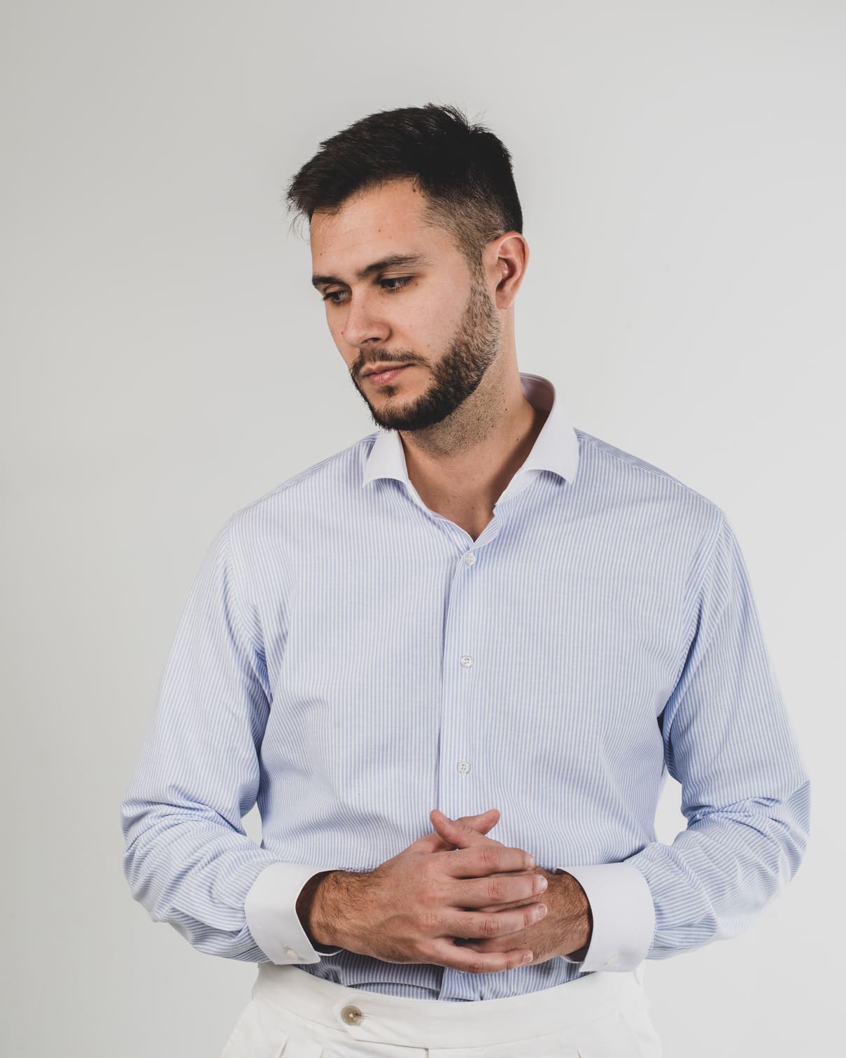 Light Blue Striped Shirt with Cut-Out Collar