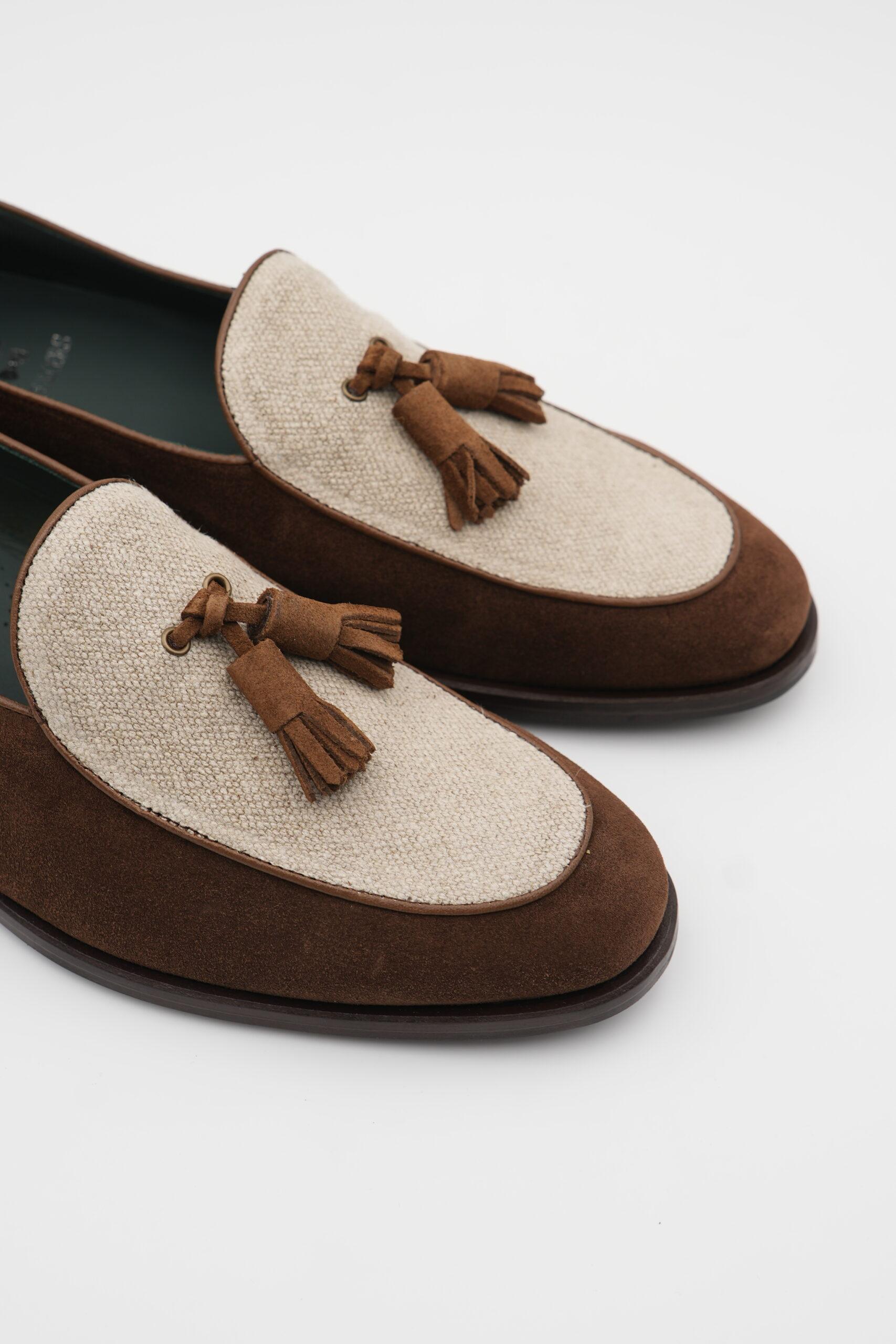 Cognac Linen Suede Moccasin with Tassels