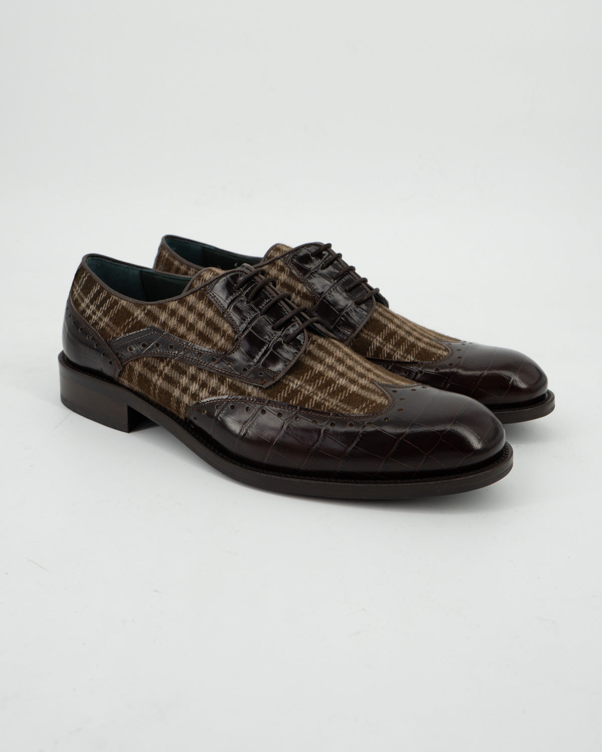 Zapato Brogue Marrón Piel con Tejido Cuadros