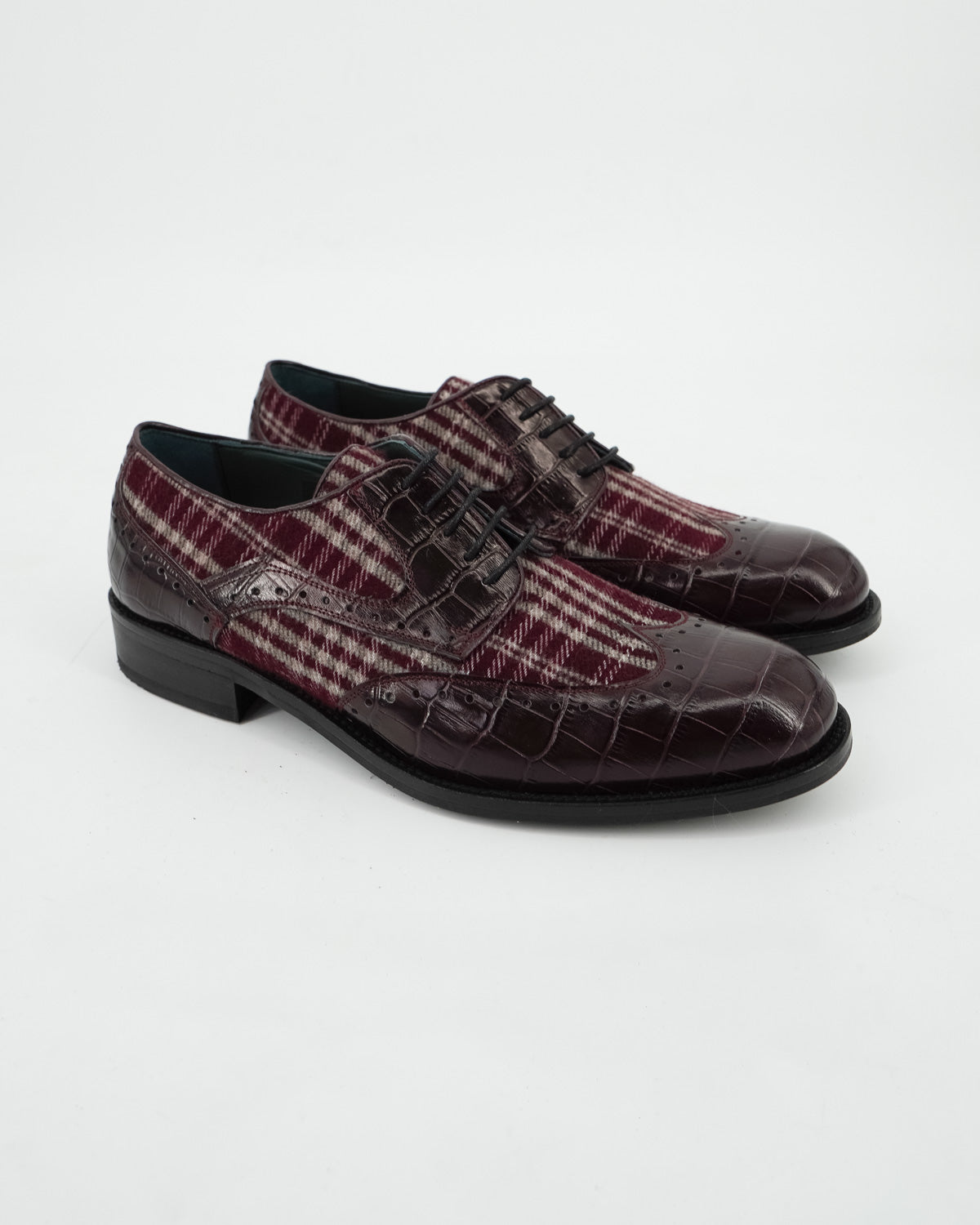 Zapato Brogue Burdeos Piel con Tejido Cuadros