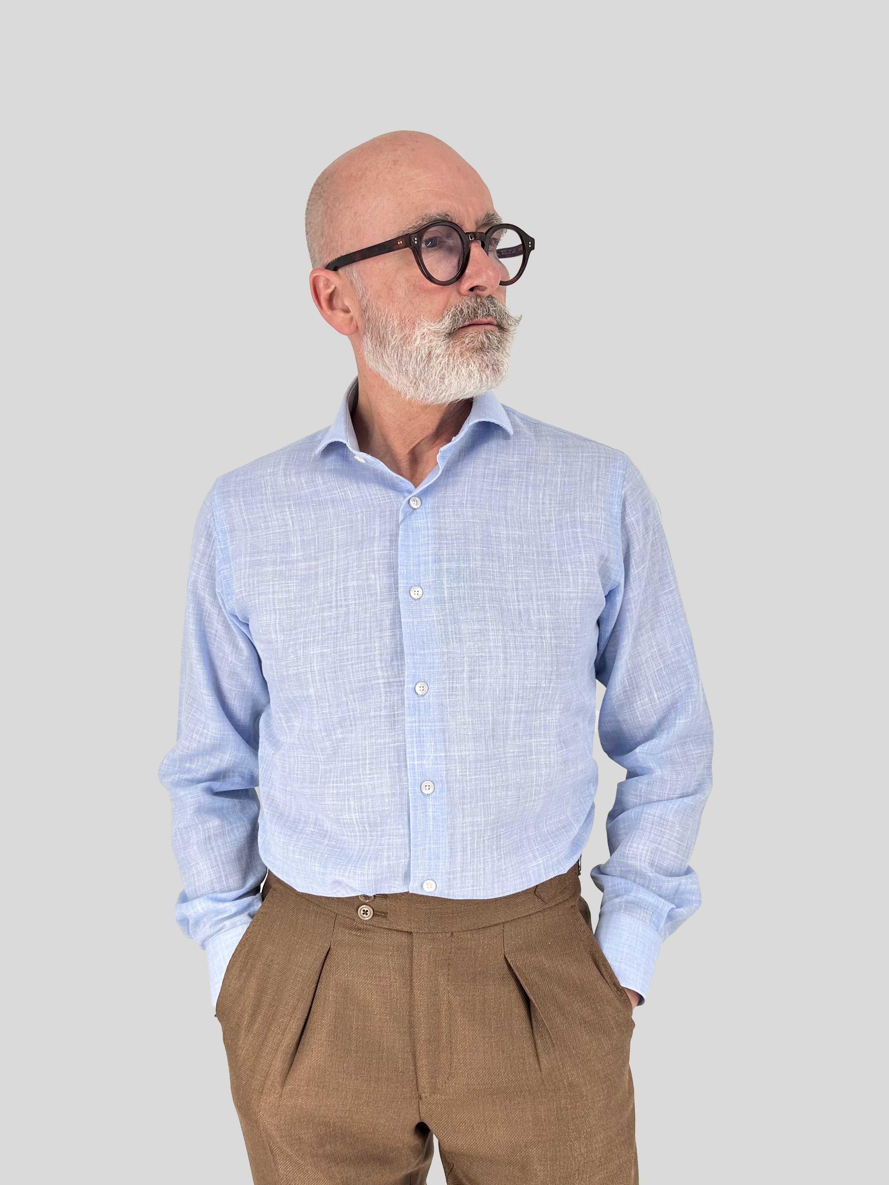 Camisa lino azul cuello italiano
