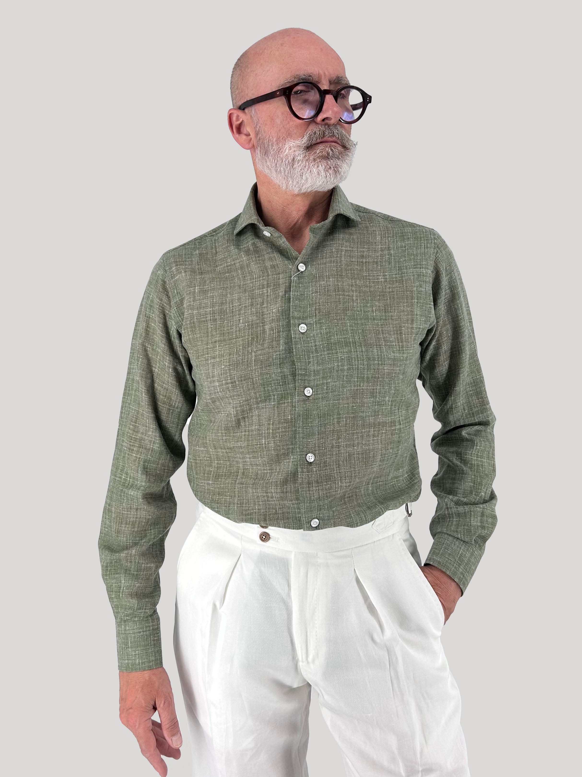 Camisa lino verde cuello italiano