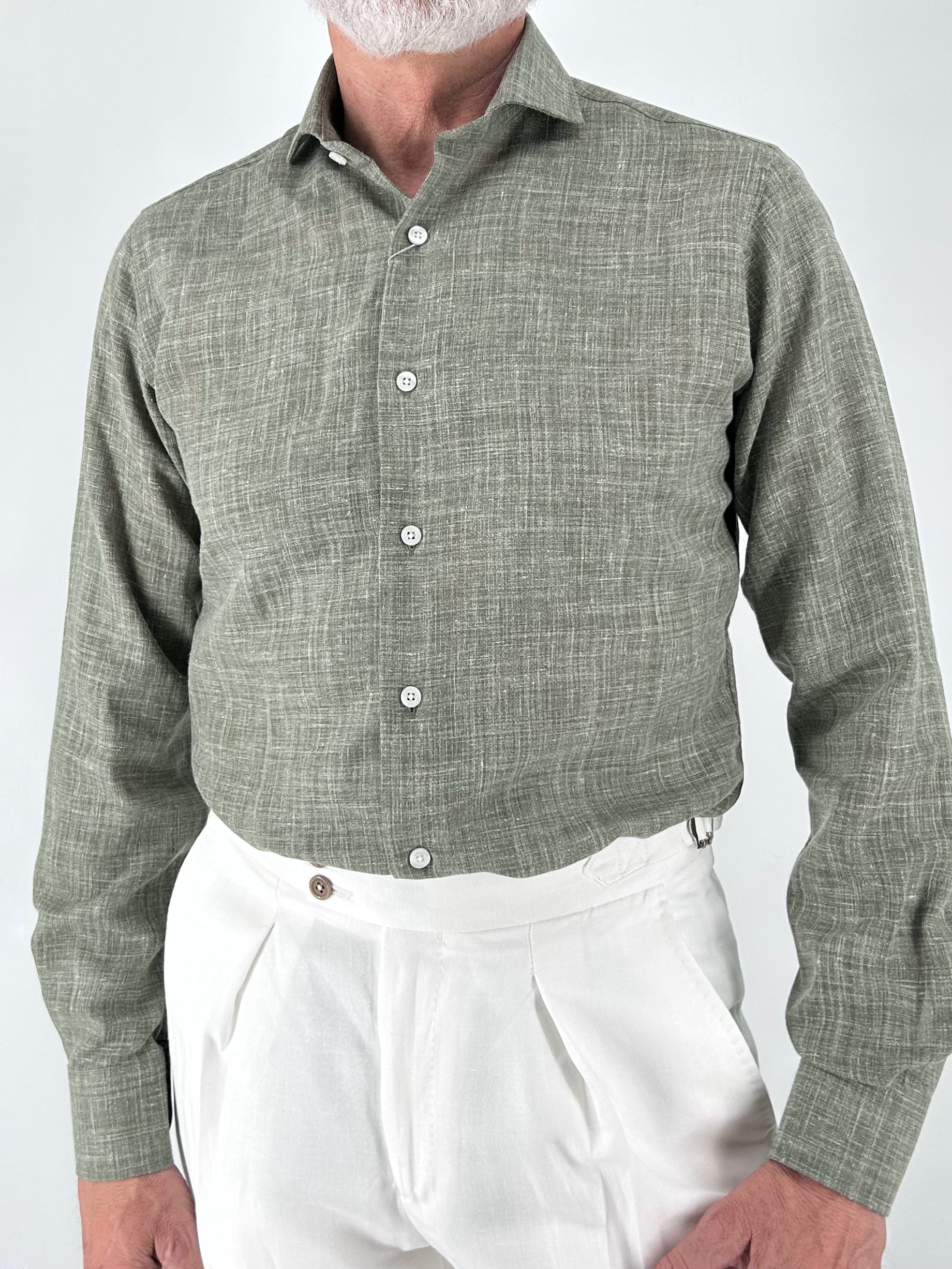 Camisa lino verde cuello italiano