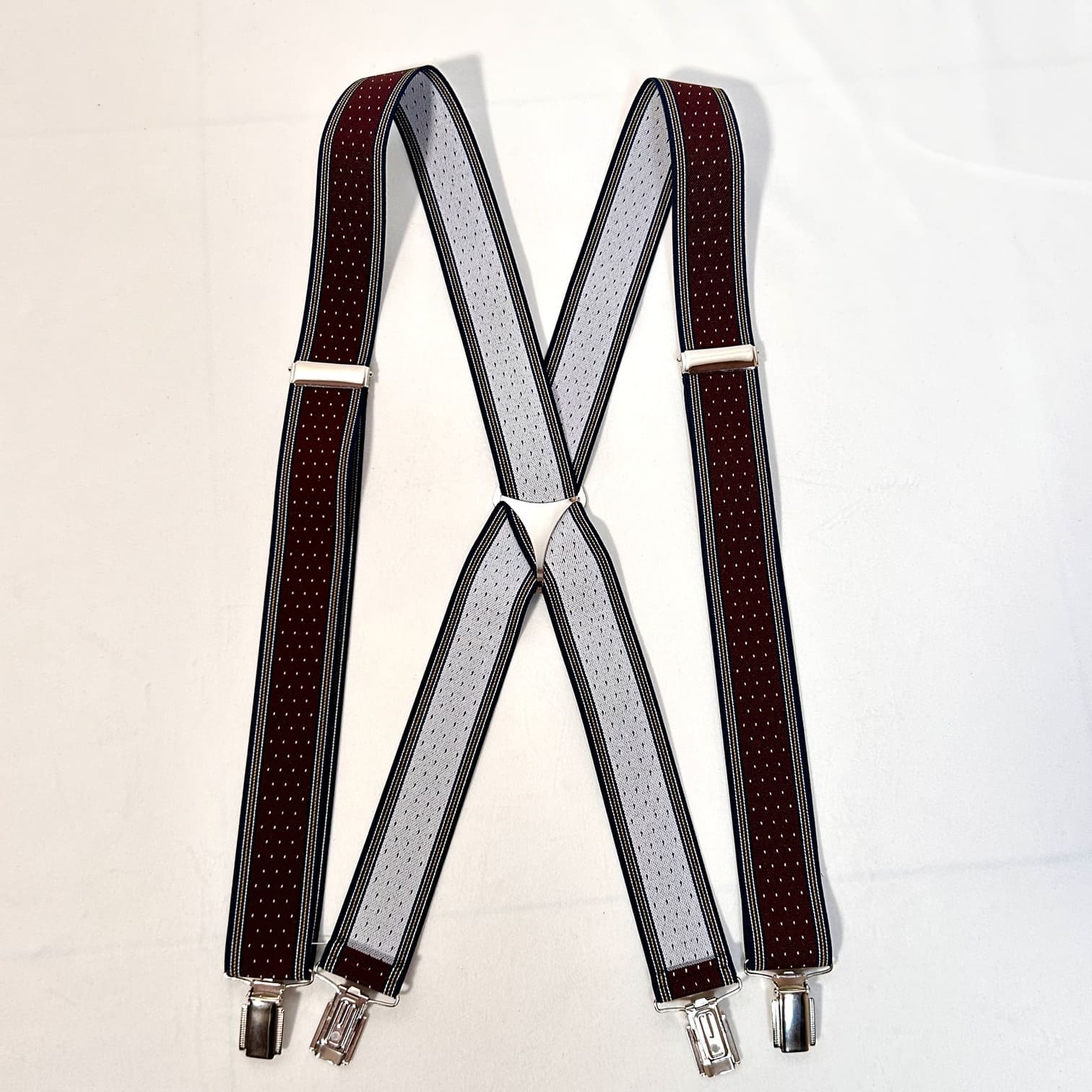 Garnet suspenders with white polka dots