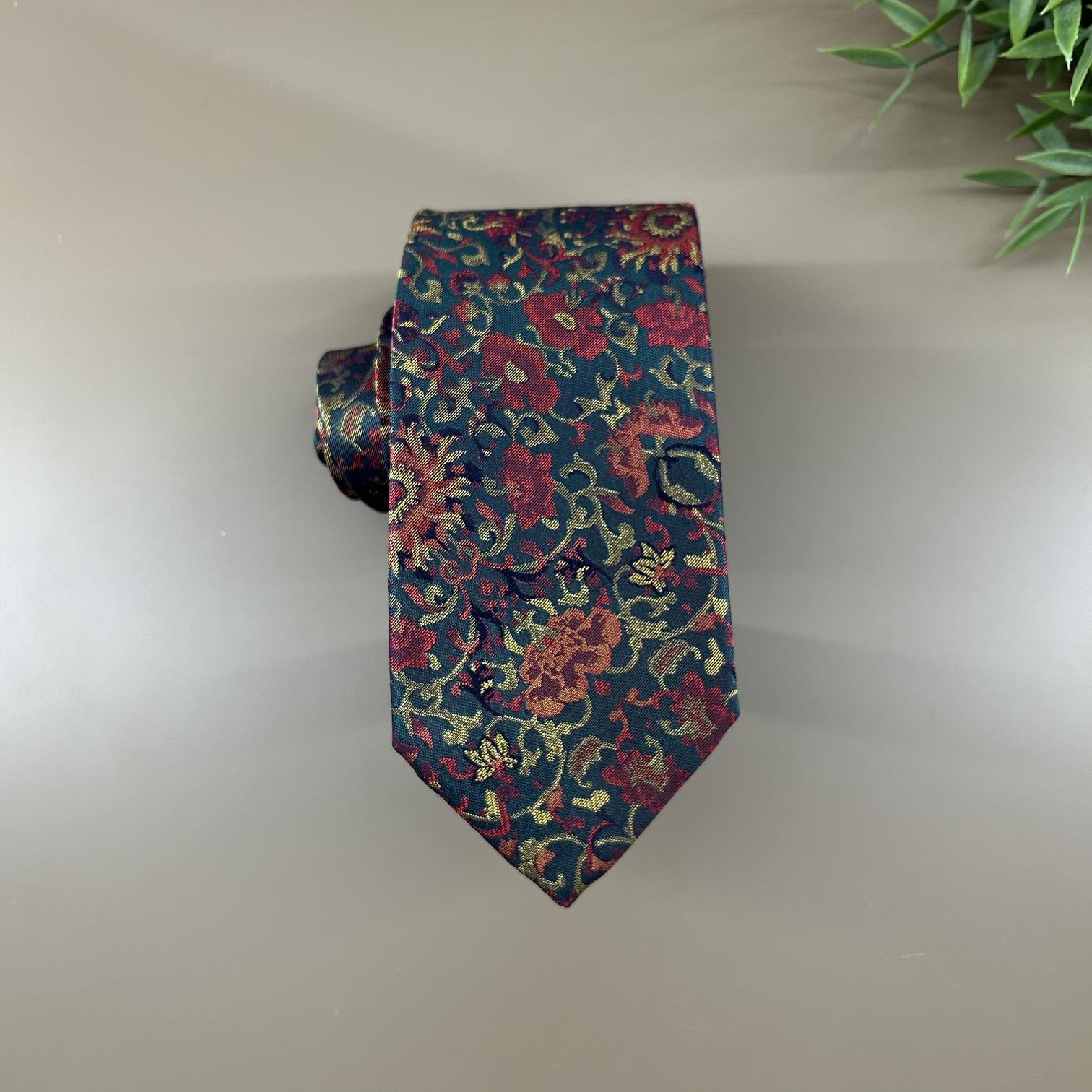 Emerald green silk tie with red flowers
