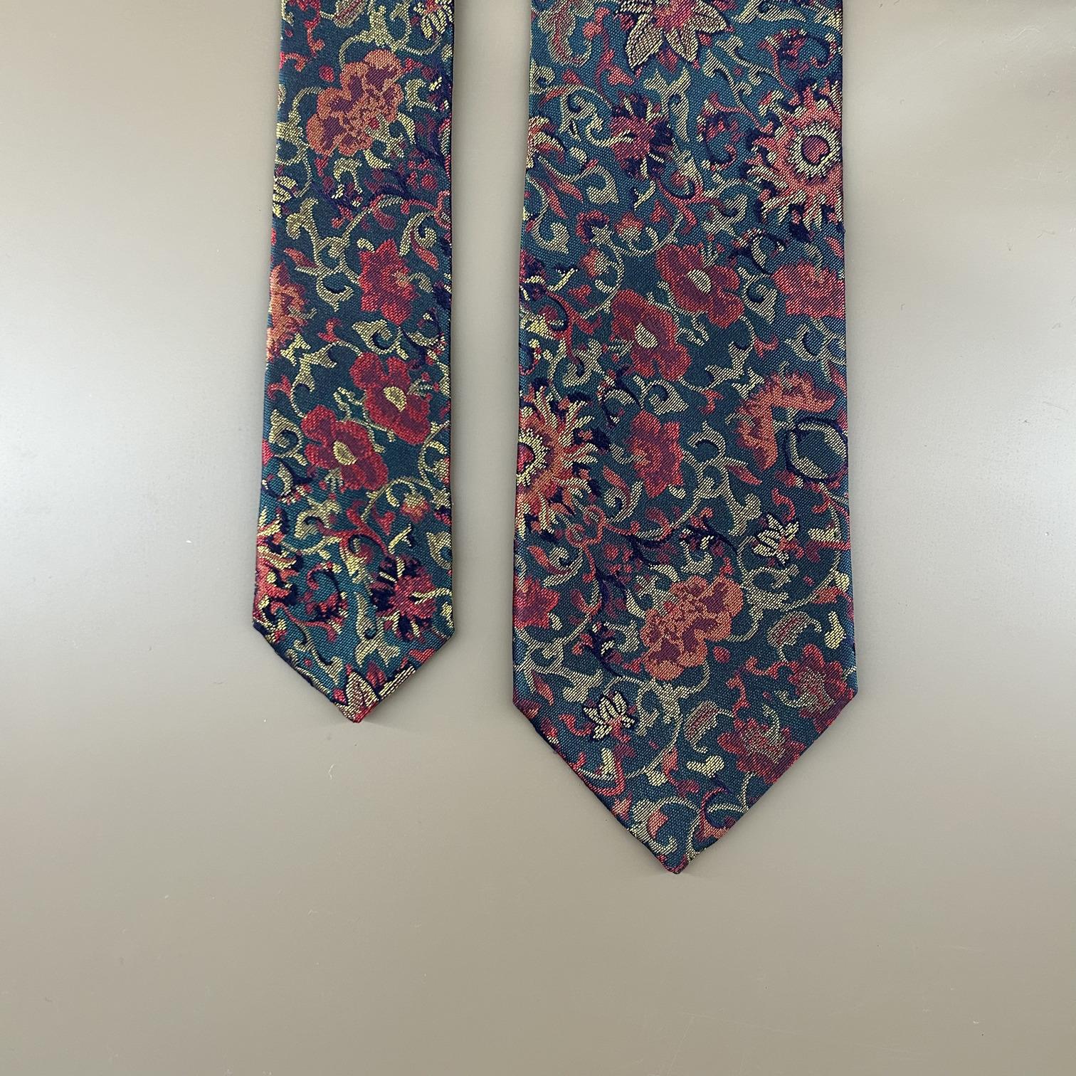 Emerald green silk tie with red flowers
