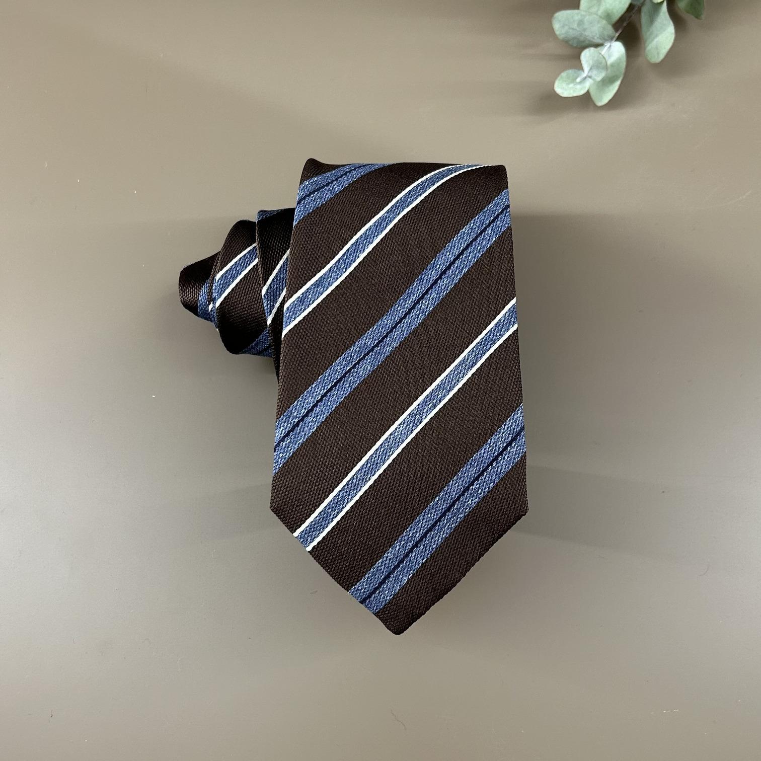 Brown silk tie with blue stripes