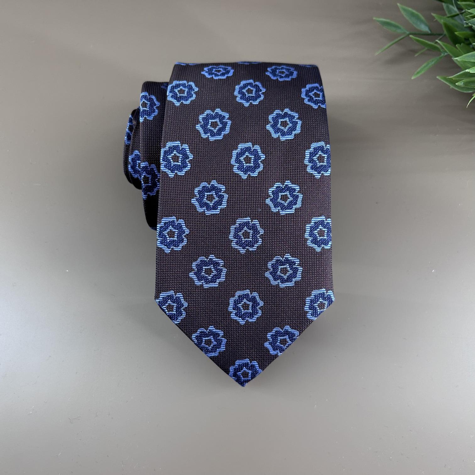 Dark copper tie with blue flowers