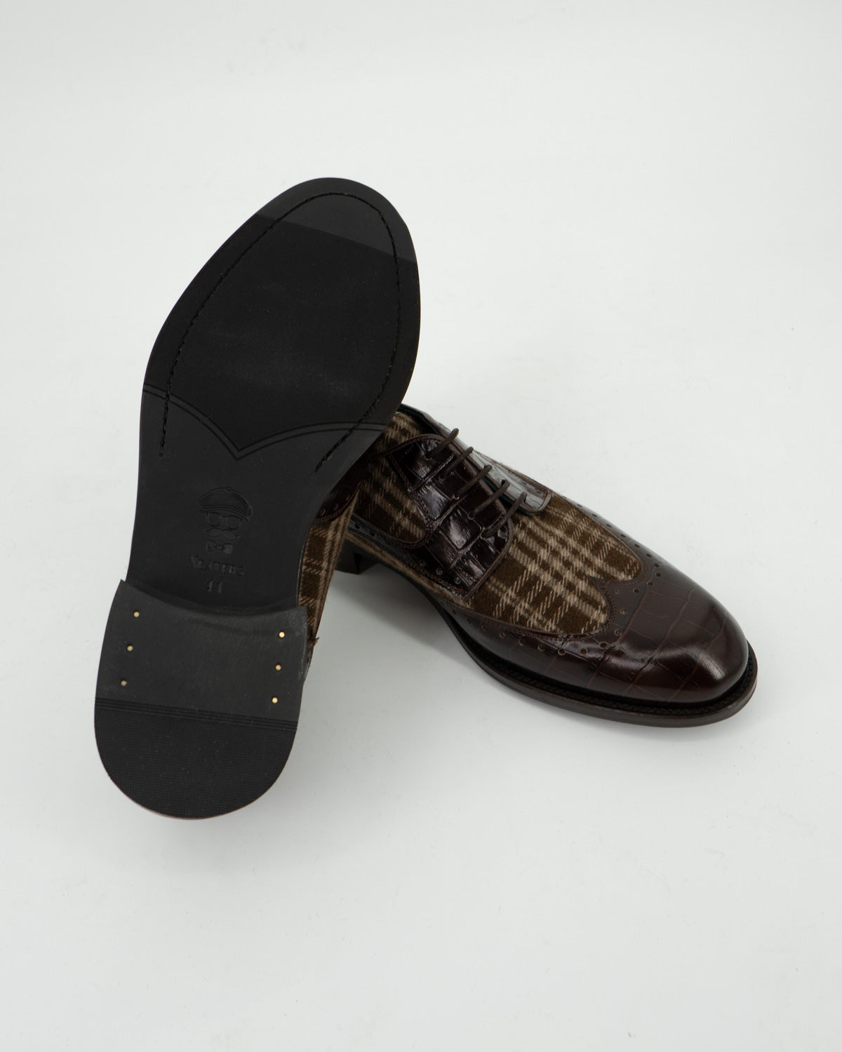 Zapato Brogue Marrón Piel con Tejido Cuadros