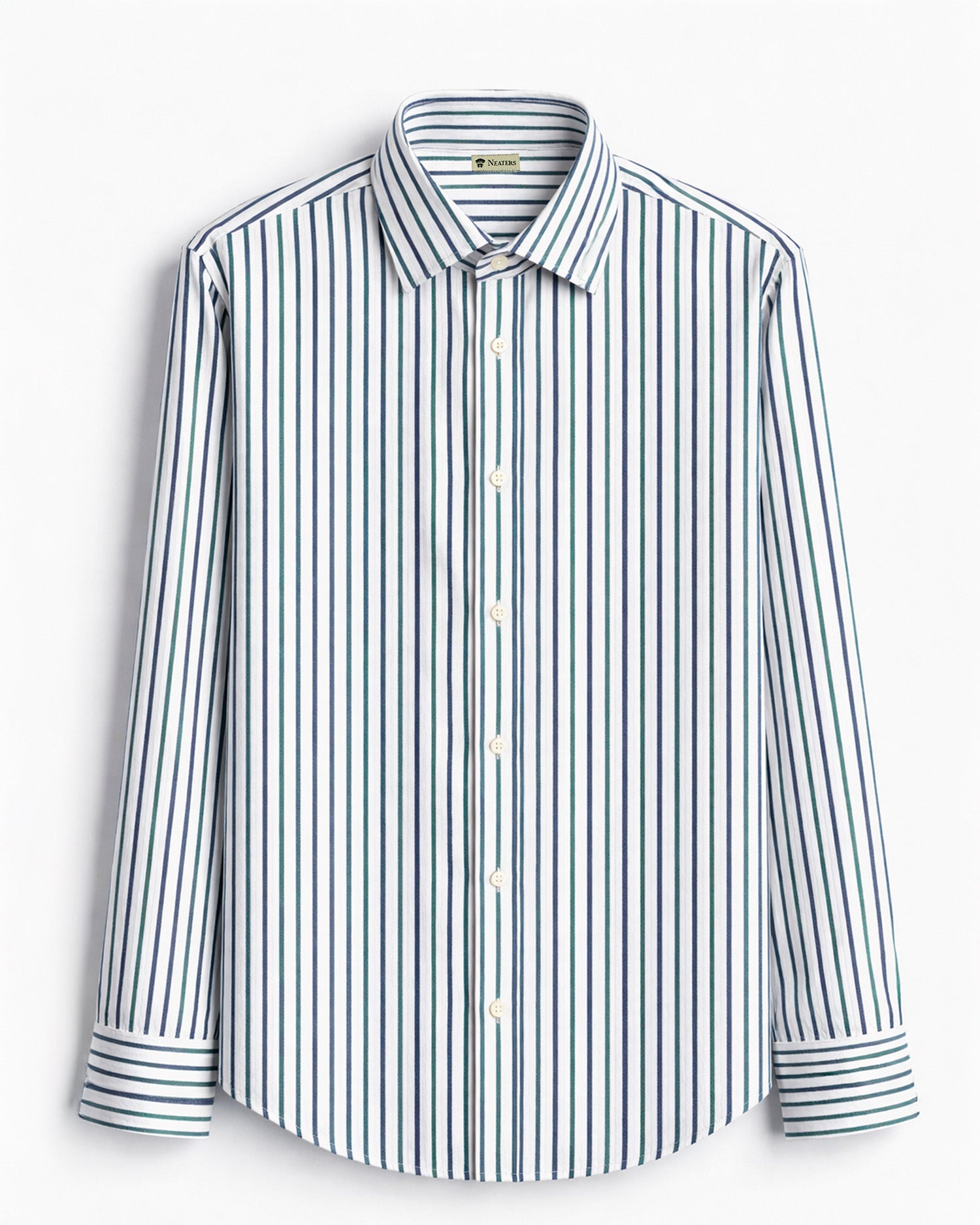 Camisa Twill Rayas Verde y Azul Cuello Italiano